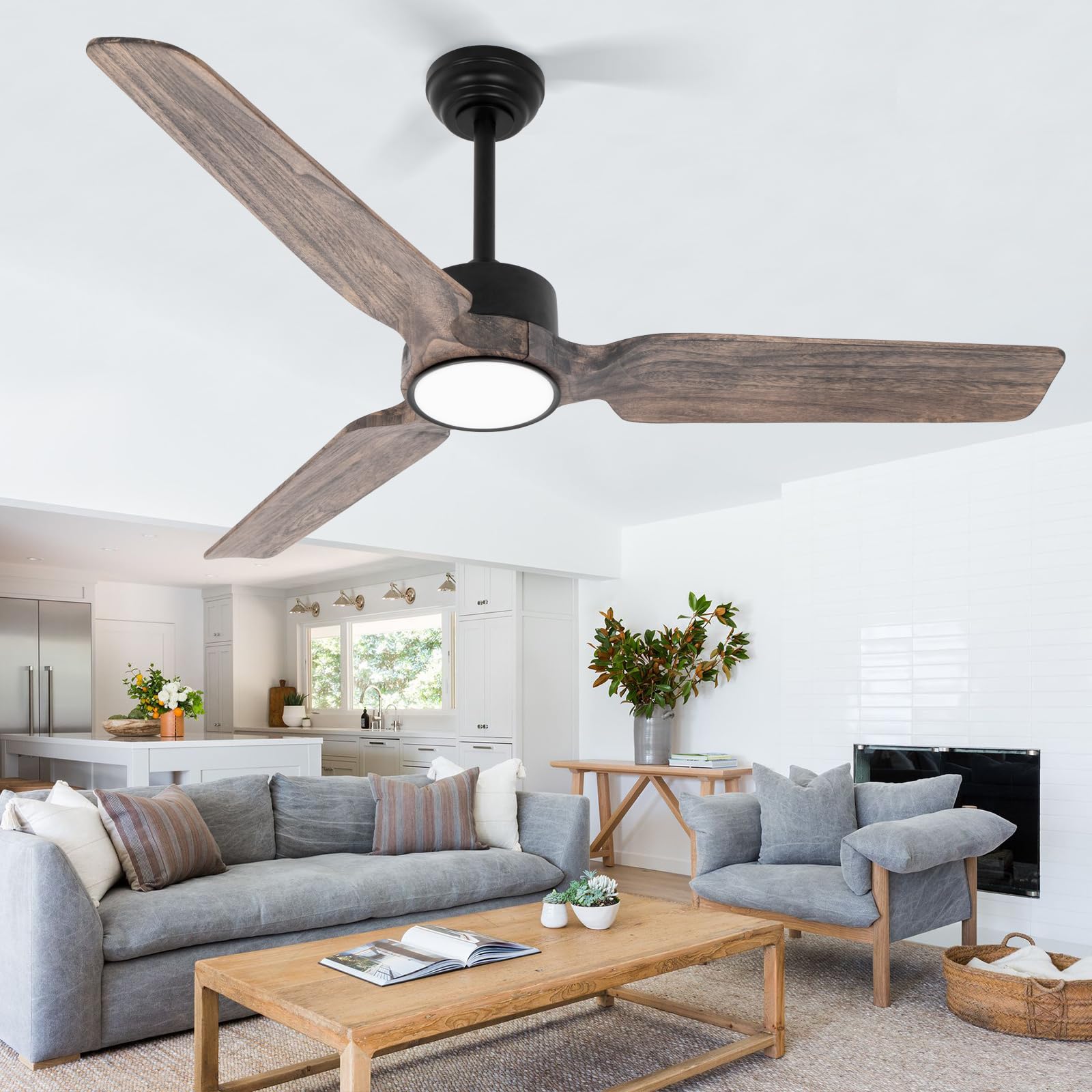 Wozzio 52" Ceiling Fan with Lights with Remote,Wood Ceiling Fans Noiseless Reversible DC Motor Reversible,Light Memory,6 Wind Speeds,Grey Wood Blades