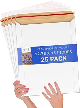 ABC PACK & SUPPLY Rigid Mailers 12.75 x 15 Inch, White Cardboard Envelopes, Self Seal Tear Strip, 550 GSM Paperboard, Stay Flat Design, Pack of 25