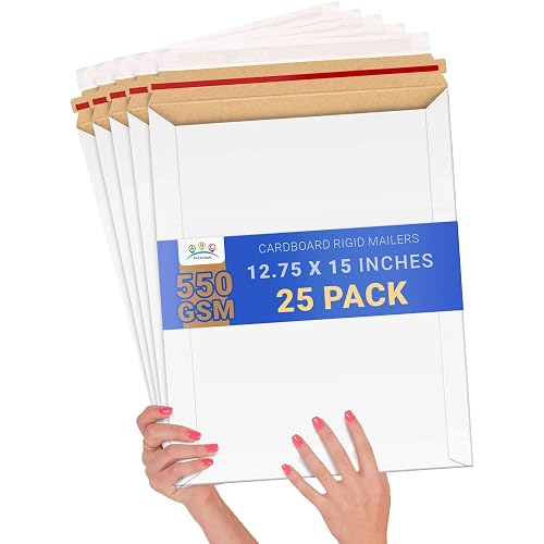 ABC PACK & SUPPLY Rigid Mailers 12.75 x 15 Inch, White Cardboard Envelopes, Self Seal Tear Strip, 550 GSM Paperboard, Stay Flat Design, Pack of 25