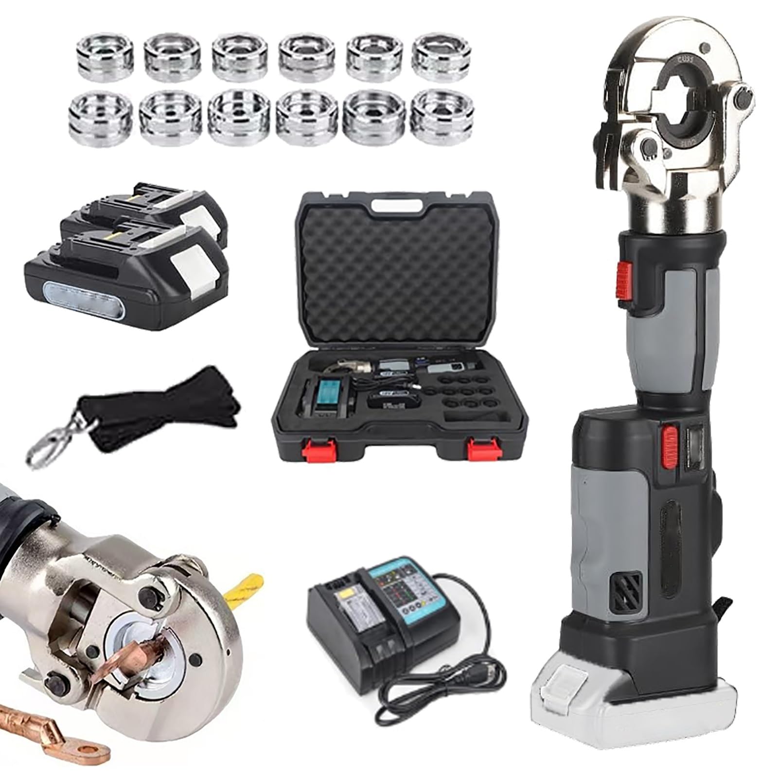 Myuyee Grey Rechargeable Hydraulic Crimping Tool 10-300Mm2, Battery Powered Cable Crimper With 12 Pairs Of Dies For Copper And Aluminum Terminals (Grey)