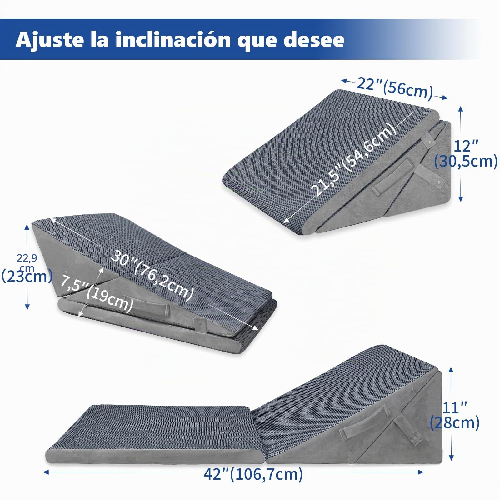 KingPavonini Almohada Cuña, Ajustable a 19, 23, 28 y 30,4 cm, Gel Memory Foam, Almohada Postquirúrgica para Soporte de Espalda, Piernas y Rodillas, Previene Reflujo Ácido, Bacterias, Acidez y Ronquido