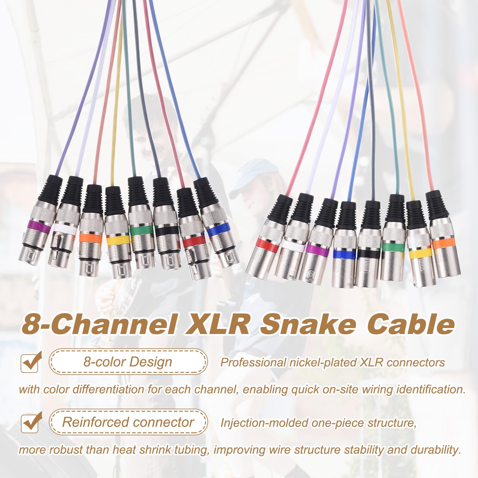 sourcing map Cable de serpiente de 8 canales de 26.25 pies, cable de micrófono XLR macho a XLR hembra, 25 AWG, 8 conectores mono equilibrados, divisor digital para equipo de micrófono de grabación de