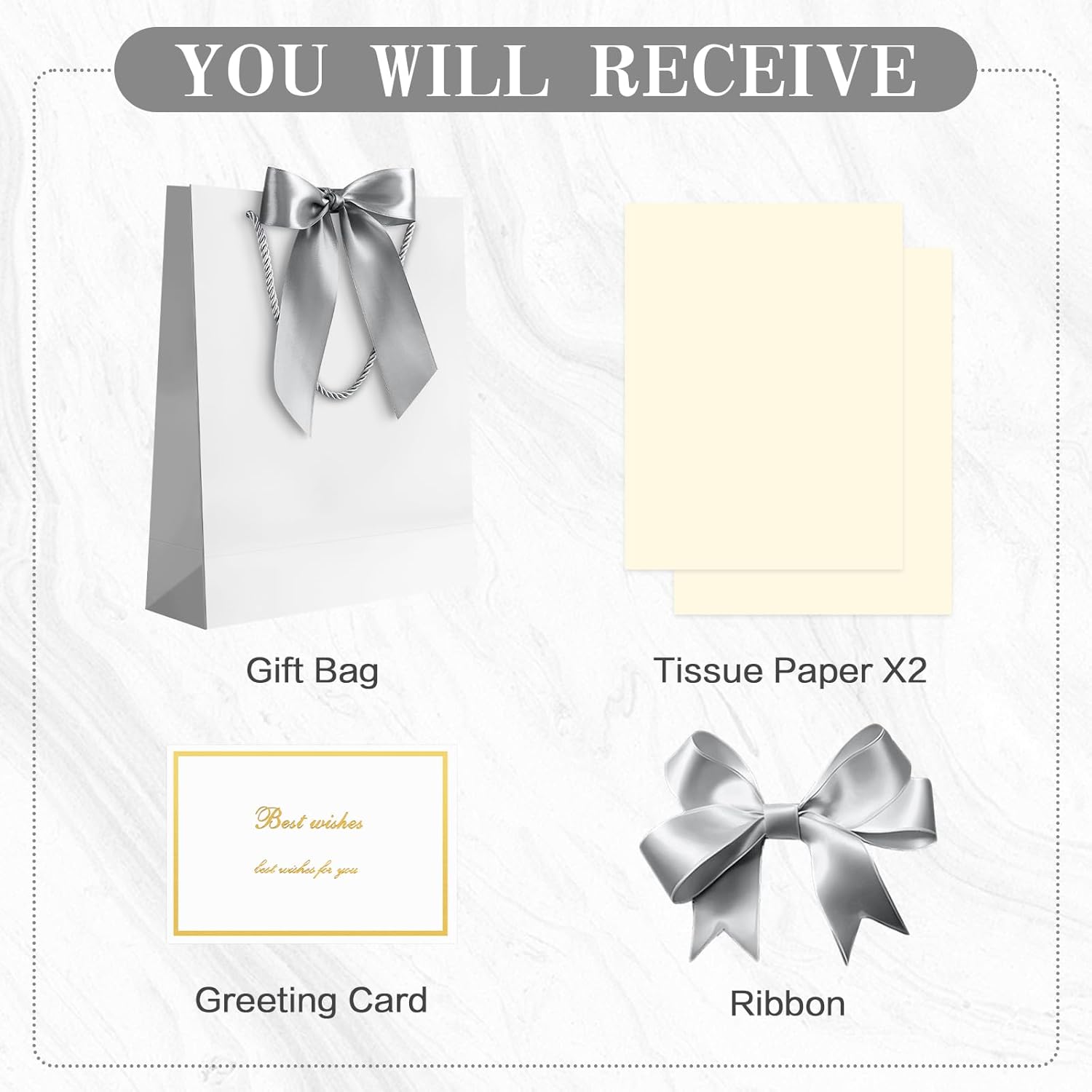 YoungTree 1PCS Large Gift Bag with Ribbon and 1 Greeting Card 2 Tissue Papers, Portable Paper Gift Bag with Handles, Birthday Gift Bags,Present Bags for Wedding Party,Mothers Day9.8"X12.6"X3.9"(White - Image 3