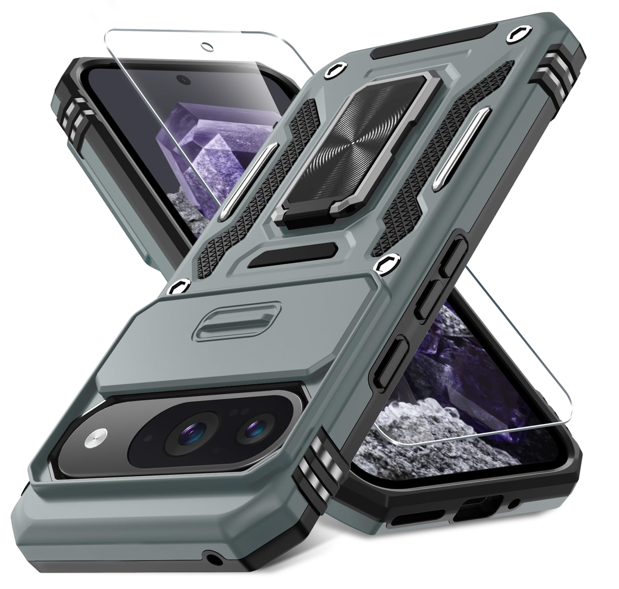 DEERLAMN for Pixel 9 Case, Google Pixel 9 Pro Case with Slide Camera Cover+Screen Protector(1 Pack), Rotated Ring Kickstand Military Grade Shockproof Protective Cover- Grey