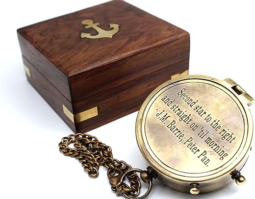 Miniatura 4 de Segunda estrella a la derecha J. M. Barrie, brújula de latón grabada Peter Pan para aniversario, cumpleaños, día de graduación, regalo de