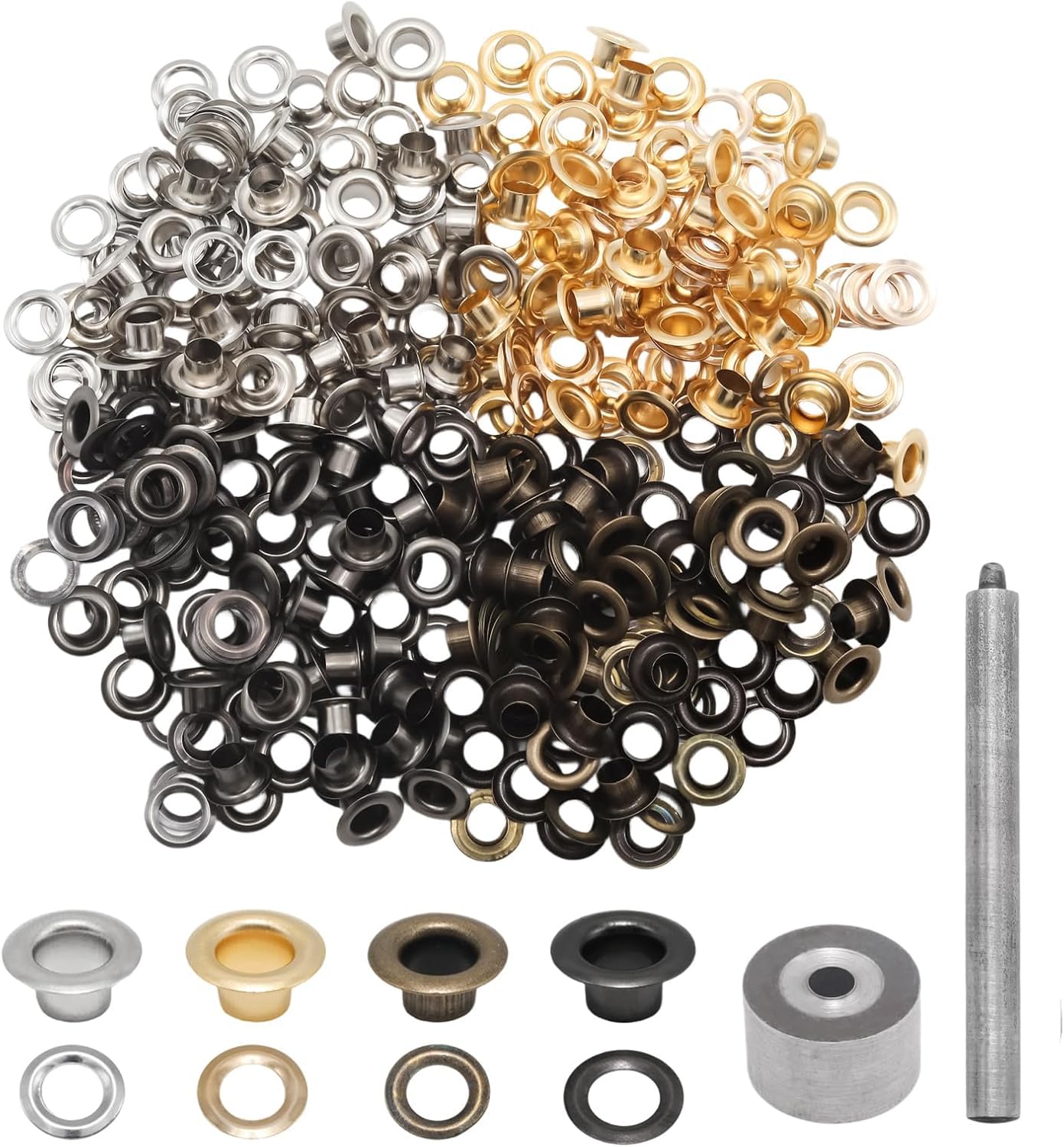 8mmx15mmx7mm/0.31"x0.59"x0.28" Hole Silver/Gold/Bronze/Black Brass Grommets Eyelets(50Pcs of Each Color), with Setting Tools(2 Pcs Installation Tools)