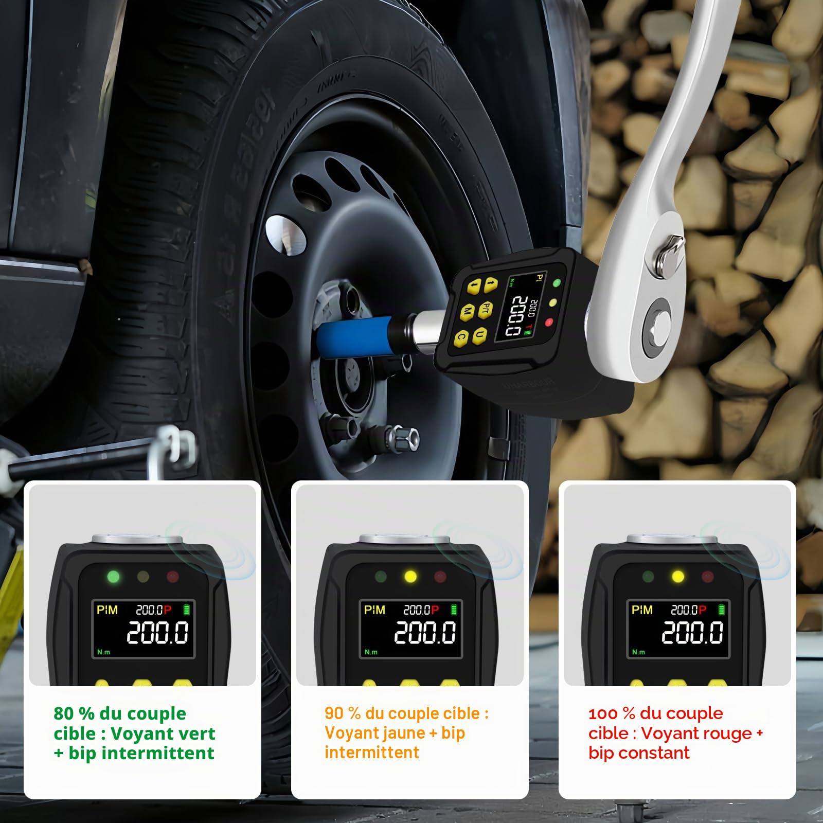 Adaptateur Dynamométrique Numérique 1/2" 10-200 Nm, Clé Dynamométrique Numérique avec Écran LCD, Mode PEAK/TRACK, Buzzer et Affichage LED, Précision d'Erreur ±2% pour Voiture, Vélo, Moto