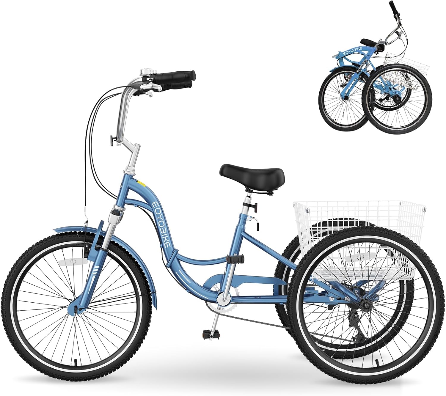 MOPHOTO Adult Folding Tricycle, 7-Speed 3 Wheel Bike for Adults, Seniors, Women & Men, 20/24/26 Inch Low Step-Through Trike with Large Rear Cargo Basket, Adjustable Seat, Space-Saving Cruiser Bicycle