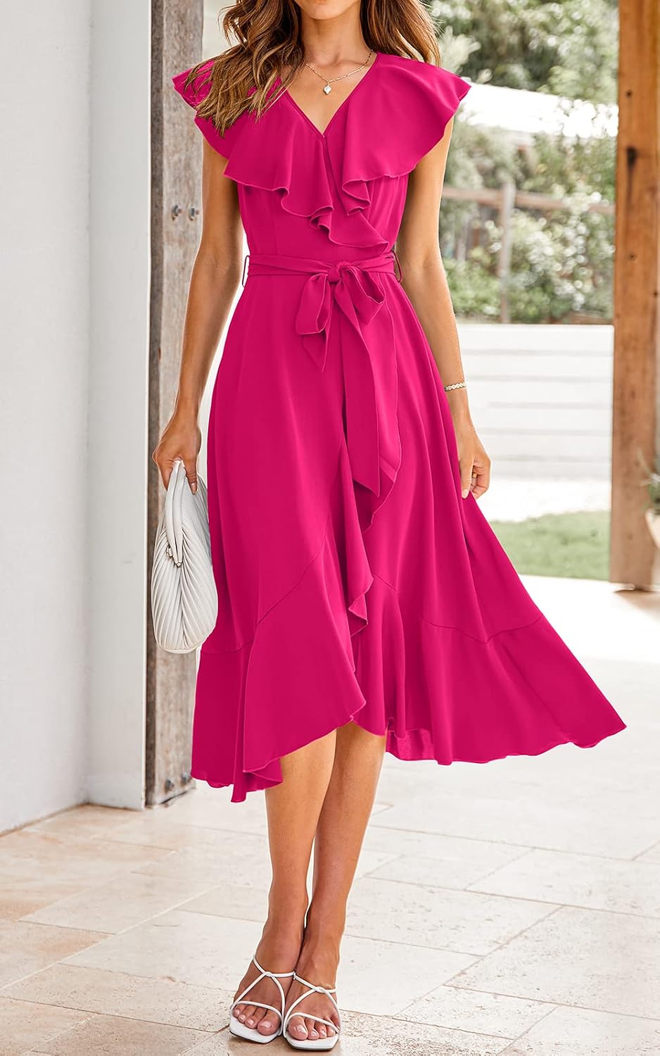 RETTYGARDEN Women's 2026 Summer Cross Midi Dress Casual Boho Deep V Neck Short Sleeve Ruffle Hem Split Beach Long Dresses Large Rose Red