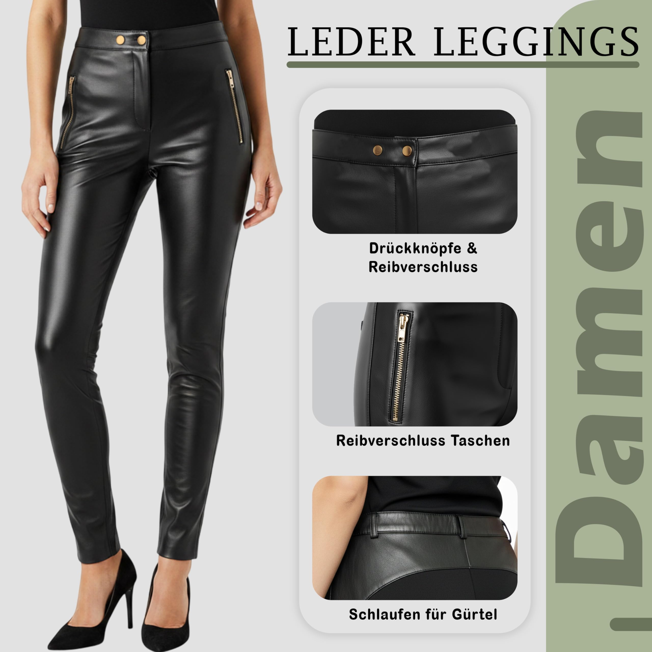 German Wear Lederleggings Damen Echtlederhose aus Lammnappa Stretch Passform Elastischer Bund Besonders Weich Frontreißverschluss Taschendesign