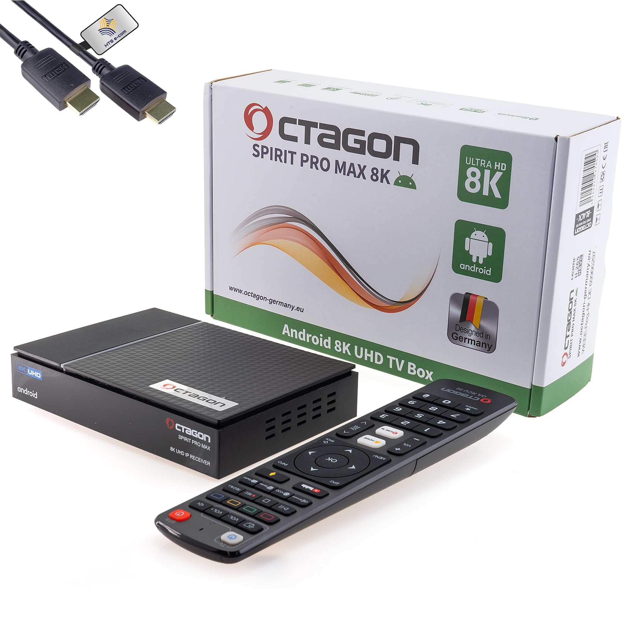 Octagon Spirit Pro MAX 8K UHD Android TV 11 Media Streaming Box, 5G WLAN, Mando a Distancia BT, Arm Mali G31 MP2 450, Arm Cortex-A55, 4GB RAM, 64GB Flash, USB 3.0, Cable HDMI HTS e-com