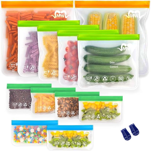 MPW-UK 12 × Reusable Leakproof Ziplock Freezer Bags BPA Free(2 Gallon bags 4 lunch bags 4 Sandwich bags & 2 Snack bags) | Airtight Kitchen Food Storage Freezer Bags for Fruits Vegetable Soup & Travel