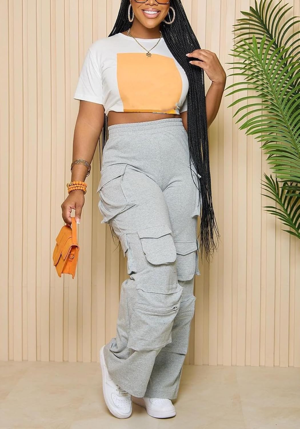 LETSVDO Women Wide Leg Cargo Sweatpats Baggy Elastic High Waisted Straight Leg Pants Casual Trouser Jogger with Pockets - Image 5