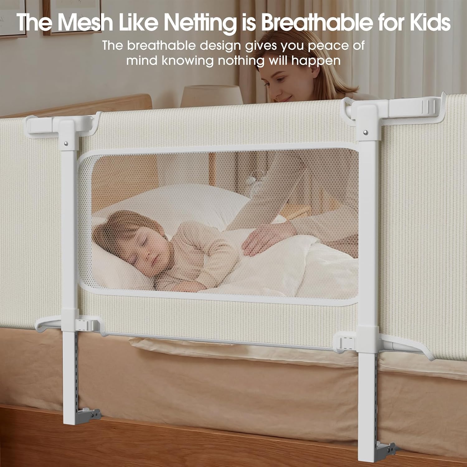 58" Bed Rails for Toddlers, Extra Long Side Folding Baby Bed Rail Guard for Queen & King Size Bed, Collapsible Kids Bedrail with Adjustable Height