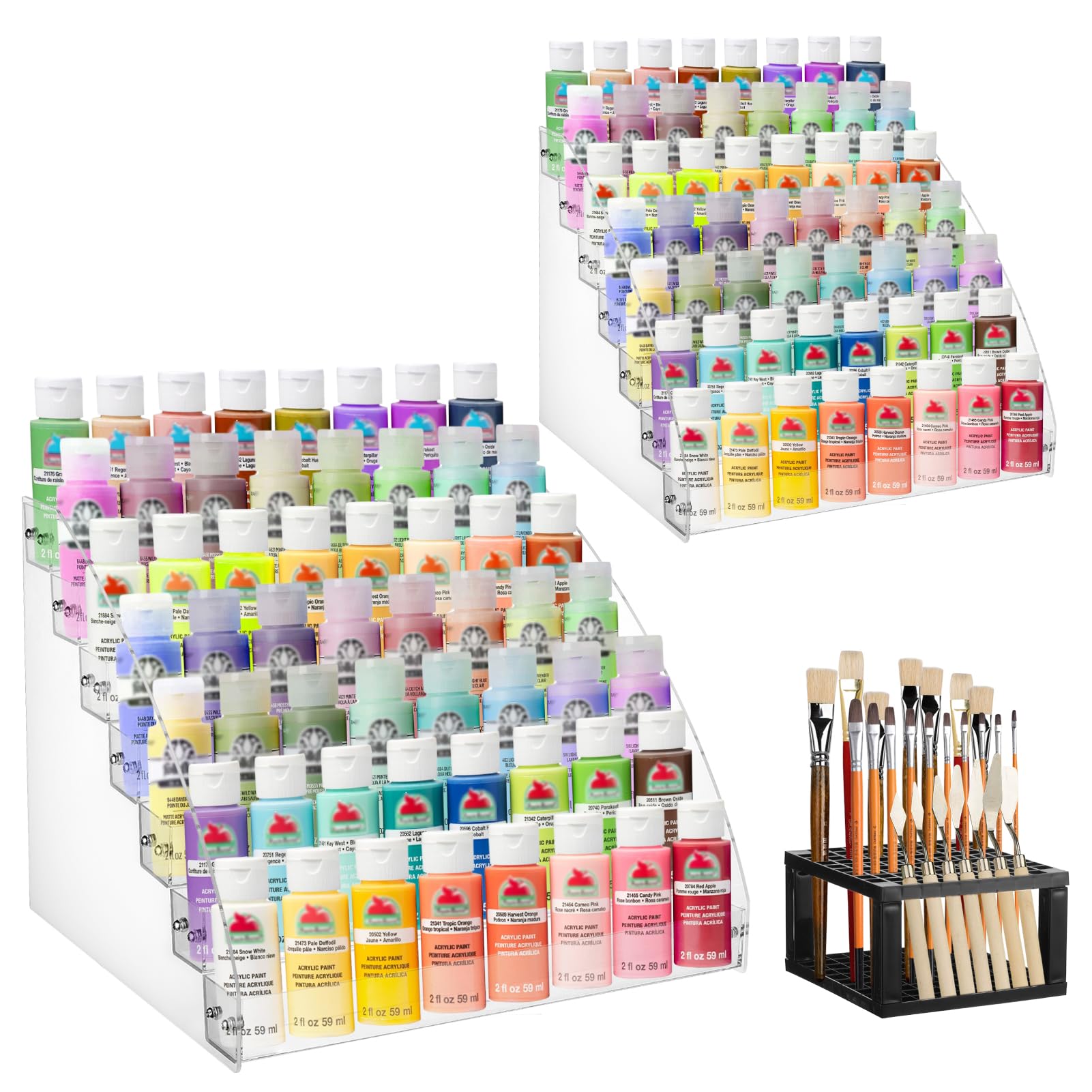 YEXEXINM 2 Pack 7 Tiers Clear Acrylic Paint Organizer with Brush Holder,paint Organizers Set Miniature Paints Holders, 7 Layers Paints Storage Rack, Craft Paint Rack