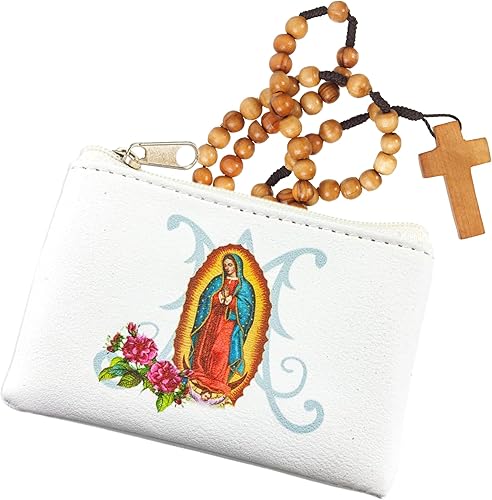 Miniatura 4 de Needzo Our Lady of Guadalupe - Bolsa de rosario de cuero sintético blanco con cierre de cremallera, fundas de viaje neutras y bolsas para rosarios,