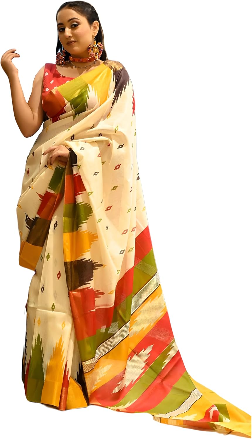 Women's Printed Linen Cotton Saree With Unstitched Blouse Piece (ST Forest Cream_Cream_Free Size)