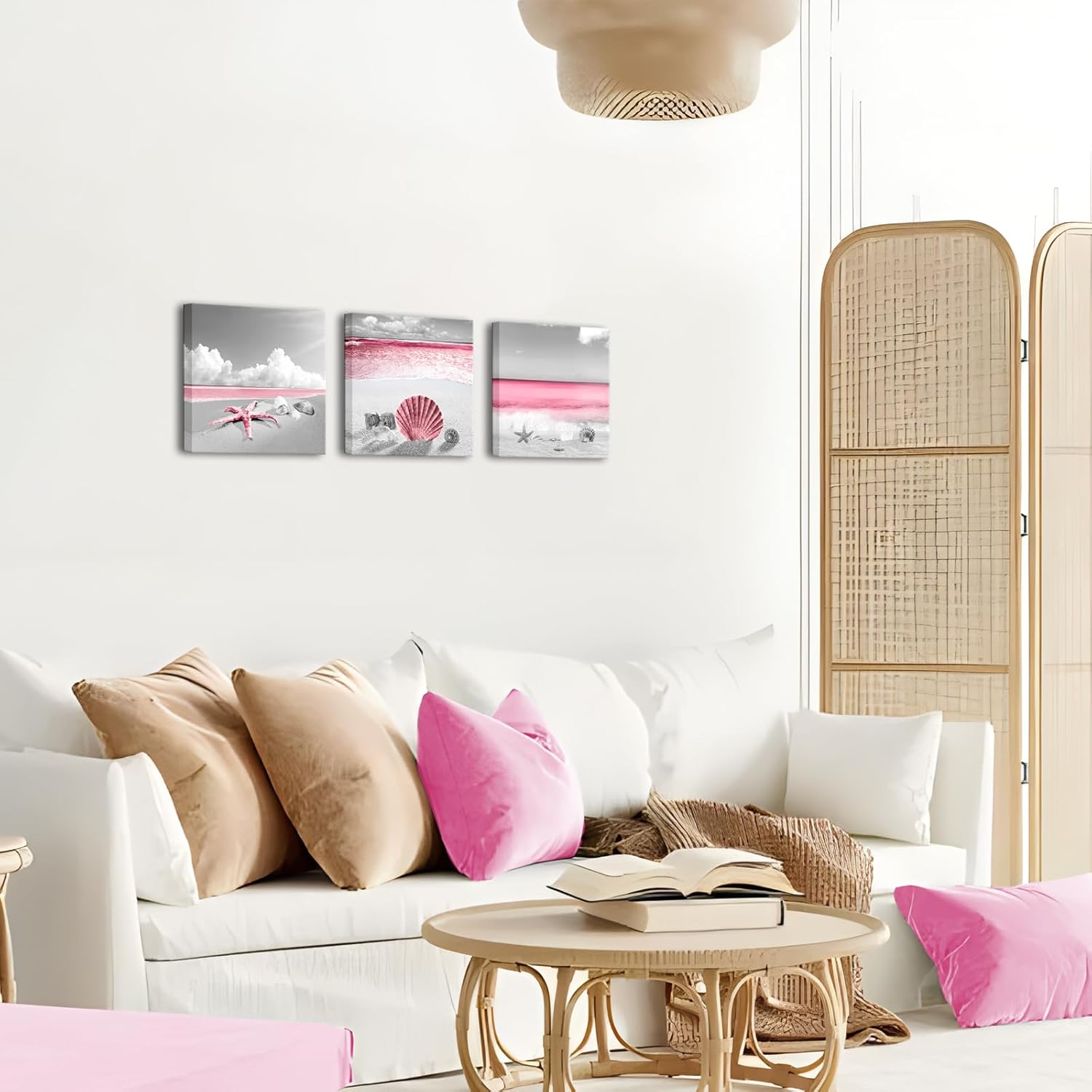 sechars Coastal Canvas Wall Art Seashell Starfish Pictures Prints Bathroom Seaside Painting Artwork Framed (Pink)