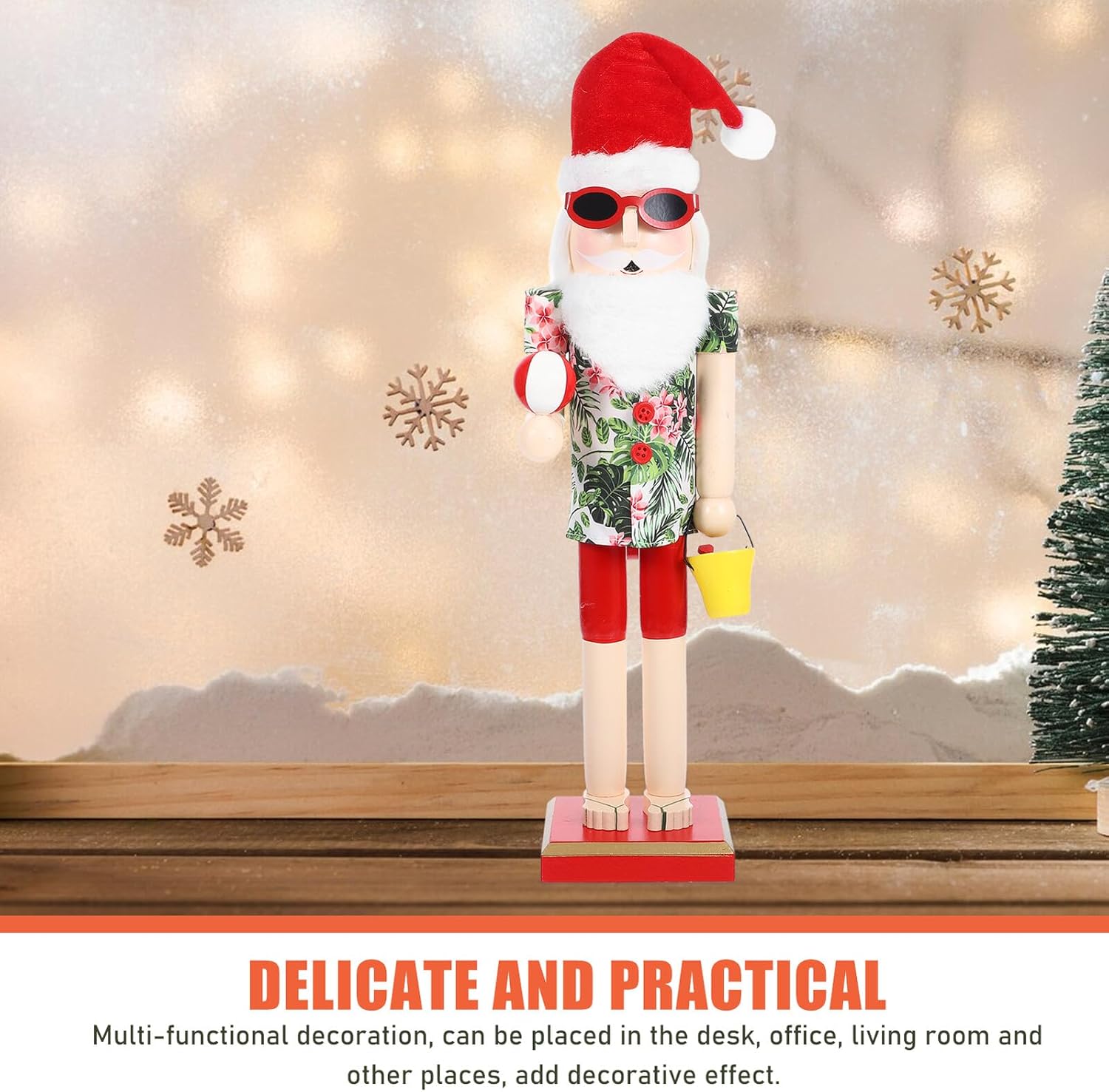 Wooden Hawaiian Nutcracker Figurine, Beach Theme Christmas Nutcracker Decor, Standing Seasonal Xmas Soldier for Home and Desktop Decoration