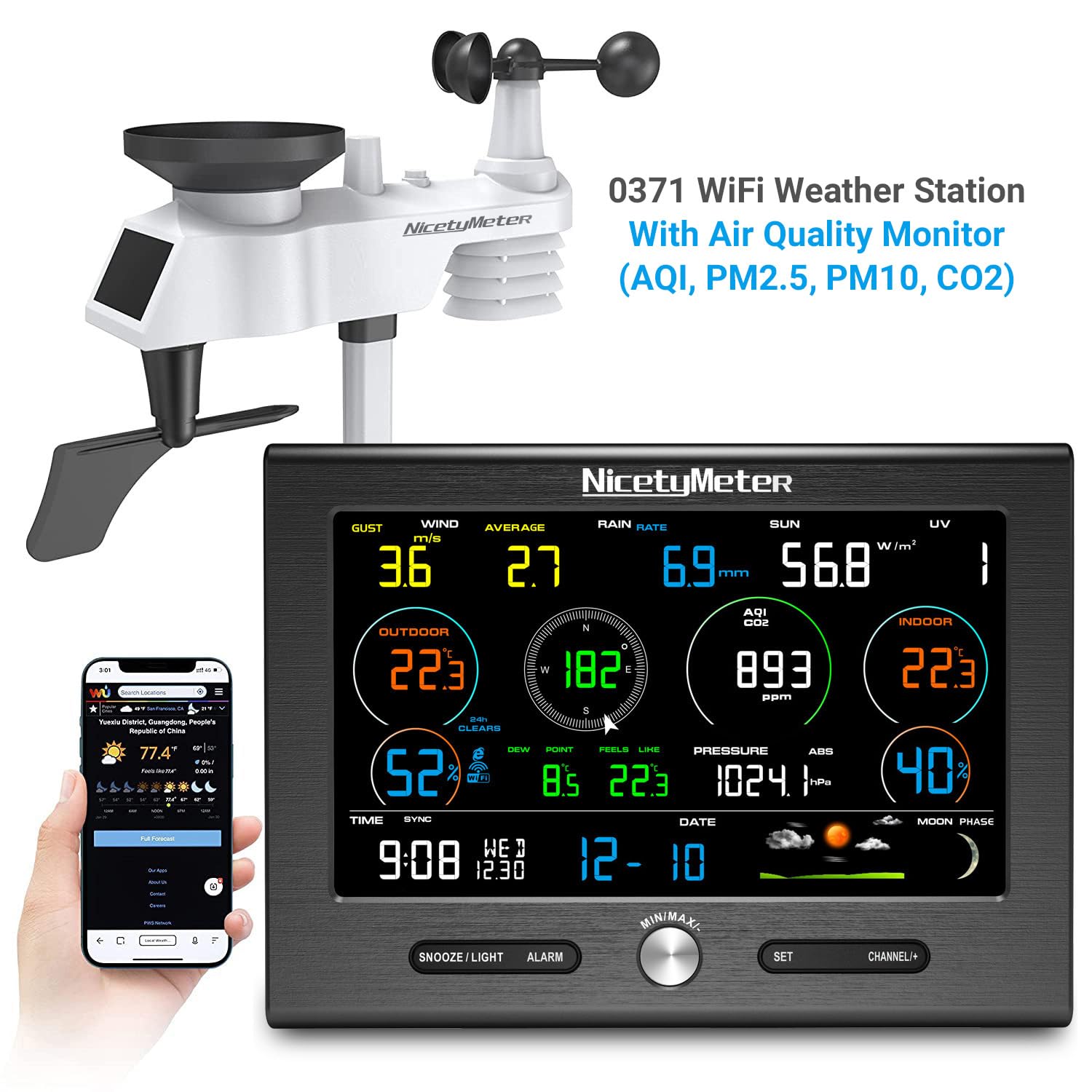0371 Weather Station 7-in-1 Outdoor Sensor with WiFi Remote Monitoring and Alerts Detector Indoor AQI PM2.5 PM10 CO2 Monitor(0371)