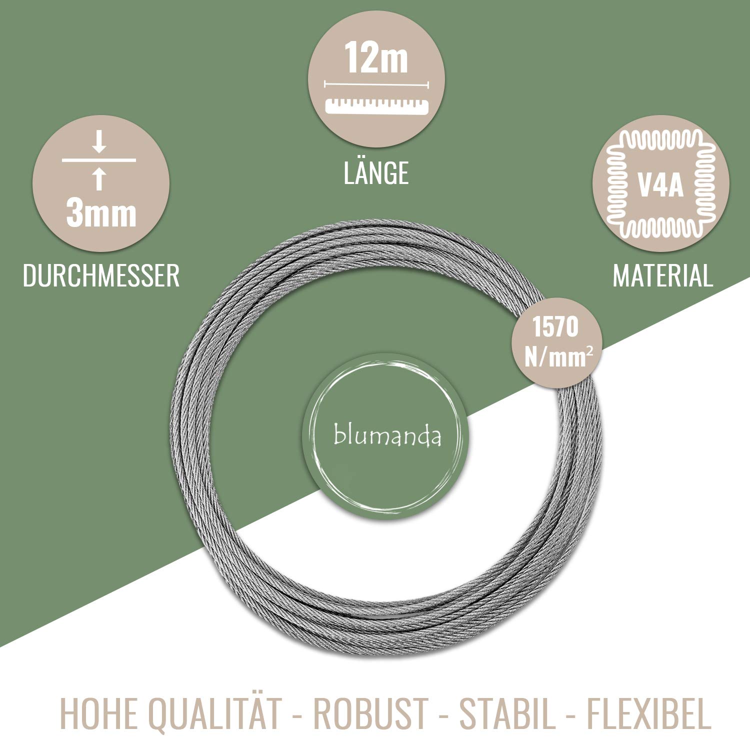 blumanda Klimhulp, roestvrij staal, complete set, touwsysteem, 8 bouten en 12 m staalkabel (3 mm V4A) voor klimplanten zoals rozen, clematis, blauwe regen, wijnstokken (8 houders, 12 m, accessoires