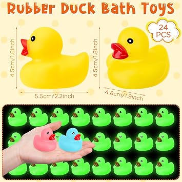 24 Pcs Glow in the Dark Rubber Ducks 2.2'' Luminous Mini Rubber Duck Fluorescent Tiny Light up Floating Squeaky Bathtub Toys for Baby Showers Summer Beach Pool Party Games (Colorful)
