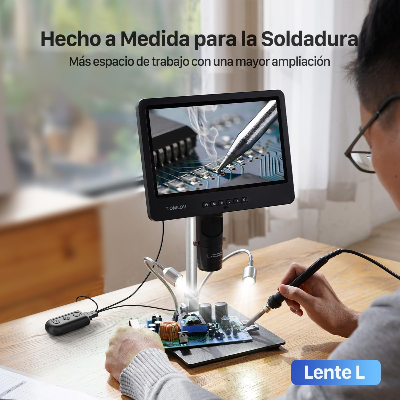 TOMLOV DM602 Pro Microscopio de 3 Lentes para Monedas, PCB y Biología | 3 Lentes Multiuso, Gran Área de Trabajo, Aumento 2000X, Pantalla IPS 10,1", Fotos y Vídeos, Luz Anular, Compatible con TV/PC