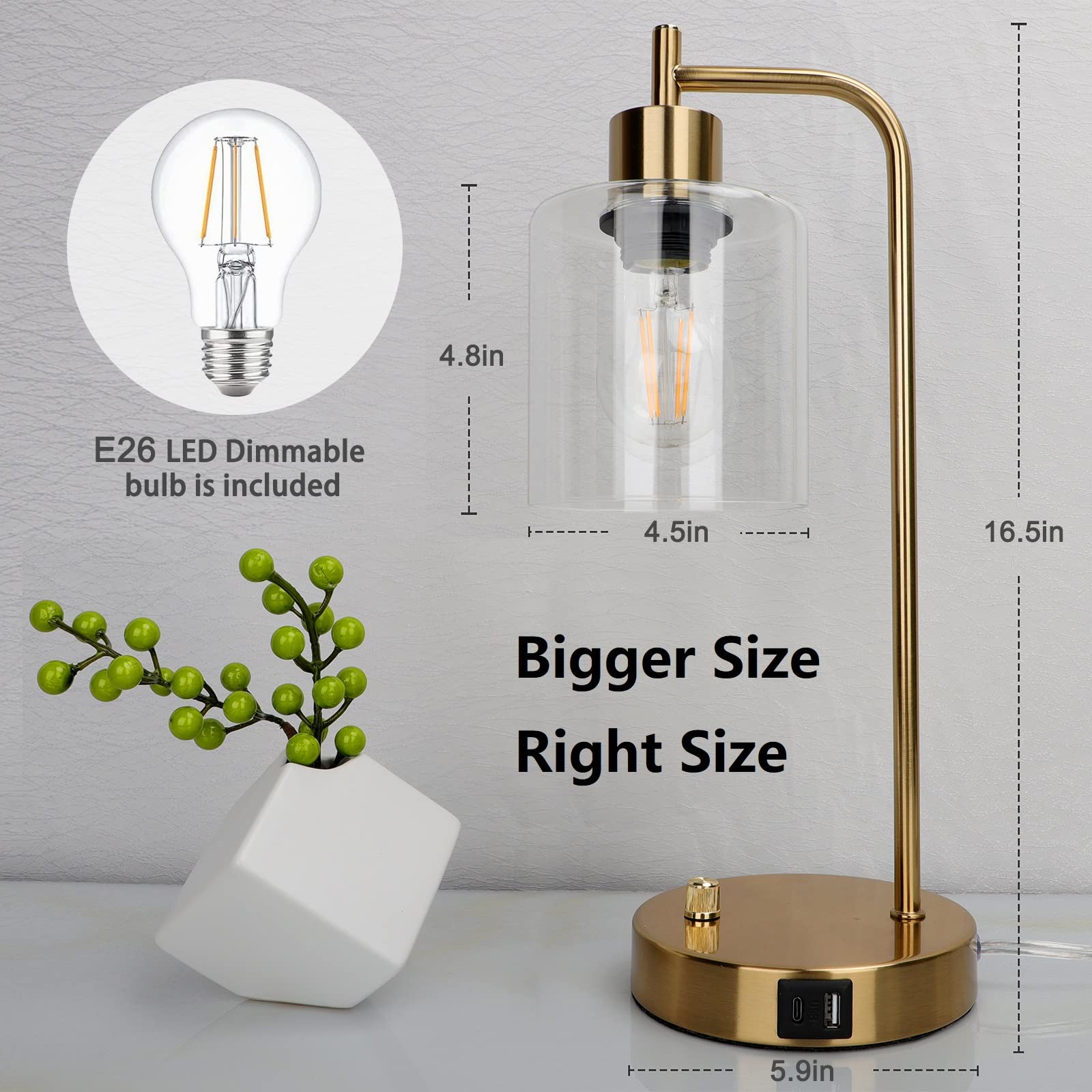 Buy Gold Industrial Table Lamp with 2 USB Ports, Elizabeth Vintage