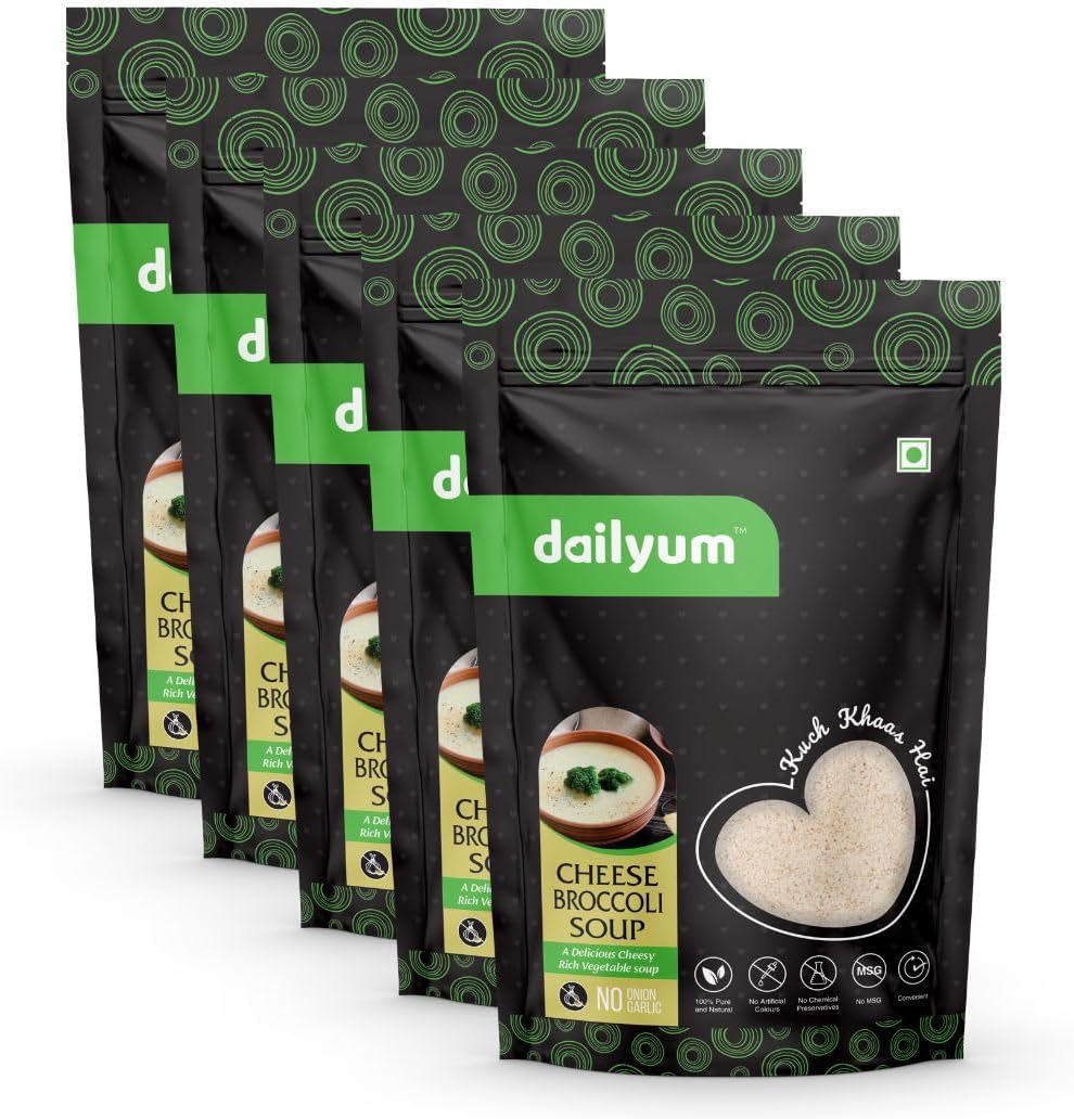 Dailyum Premium Instant Cheese Broccoli Soup | No Onion No Garlic | Pack of 5 | Ready To Eat Instant Soup |100% Natural | No MSG | Serves 5 * 4 | 50g Each | Jain
