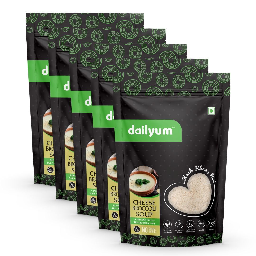 Dailyum Premium Instant Cheese Broccoli Soup | No Onion No Garlic | Pack of 5 | Ready To Eat Instant Soup |100% Natural | No MSG | Serves 5 * 4 | 50g Each | Jain