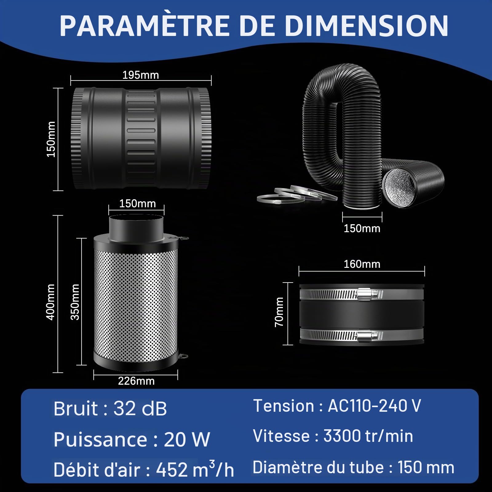 ventilation e ligne Kit,150mm Extracteur d'Air avec régulateur vitesse, filtre à charbon actif, tuyau d'échappement, manchon caoutchouc, système ventilation pour tente culture.