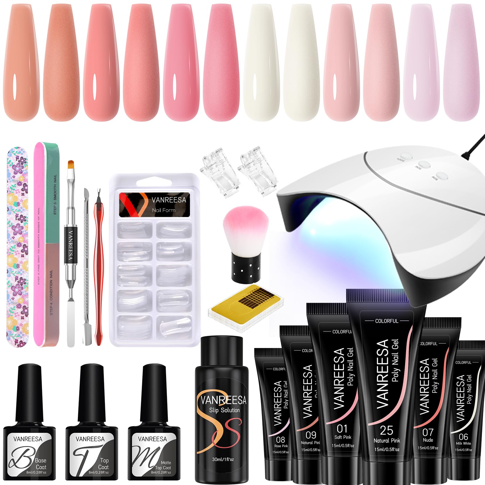 VANREESA Kit Uñas de Gel 6 Colores Gel de Extensión de Uñas con U V Lámpara Kit de Gel Extensión con Mate Top Base Coat Kit Uñas Gel Regalos para Mujeres