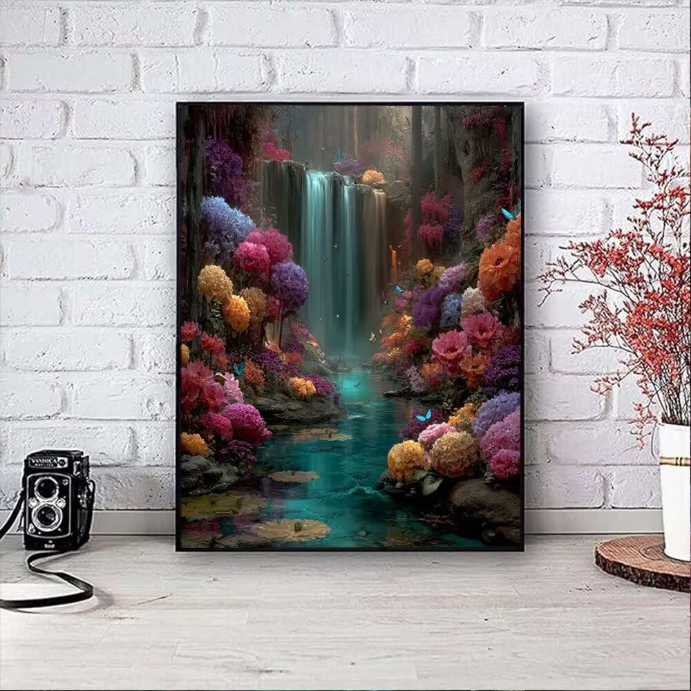 Krajobraz Wodospad Kwiaty Diamentowe Malowanie Zestawy Dorosłych, 5D Okrągłe Wiertło Diamentowe Malarstwo Dzieci Malarstwo, Diamant Art Haft Cross Stitch Obrazy, Mozaika Sztuka Do Dekoracji Ściany
