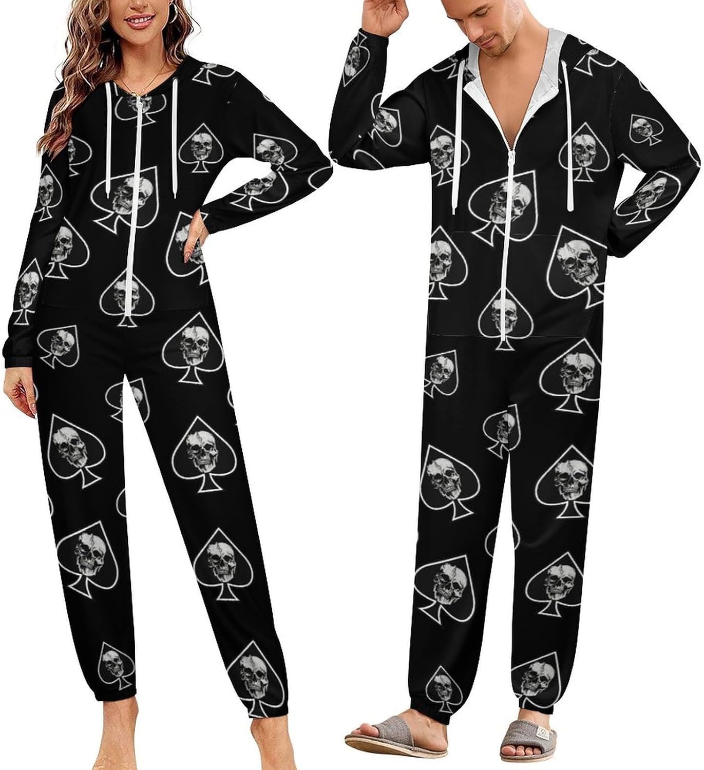 Skull Aces of Spades Adult Pajamas Onesie with Hood Pocket Jumpsuits One Piece Sleepwear