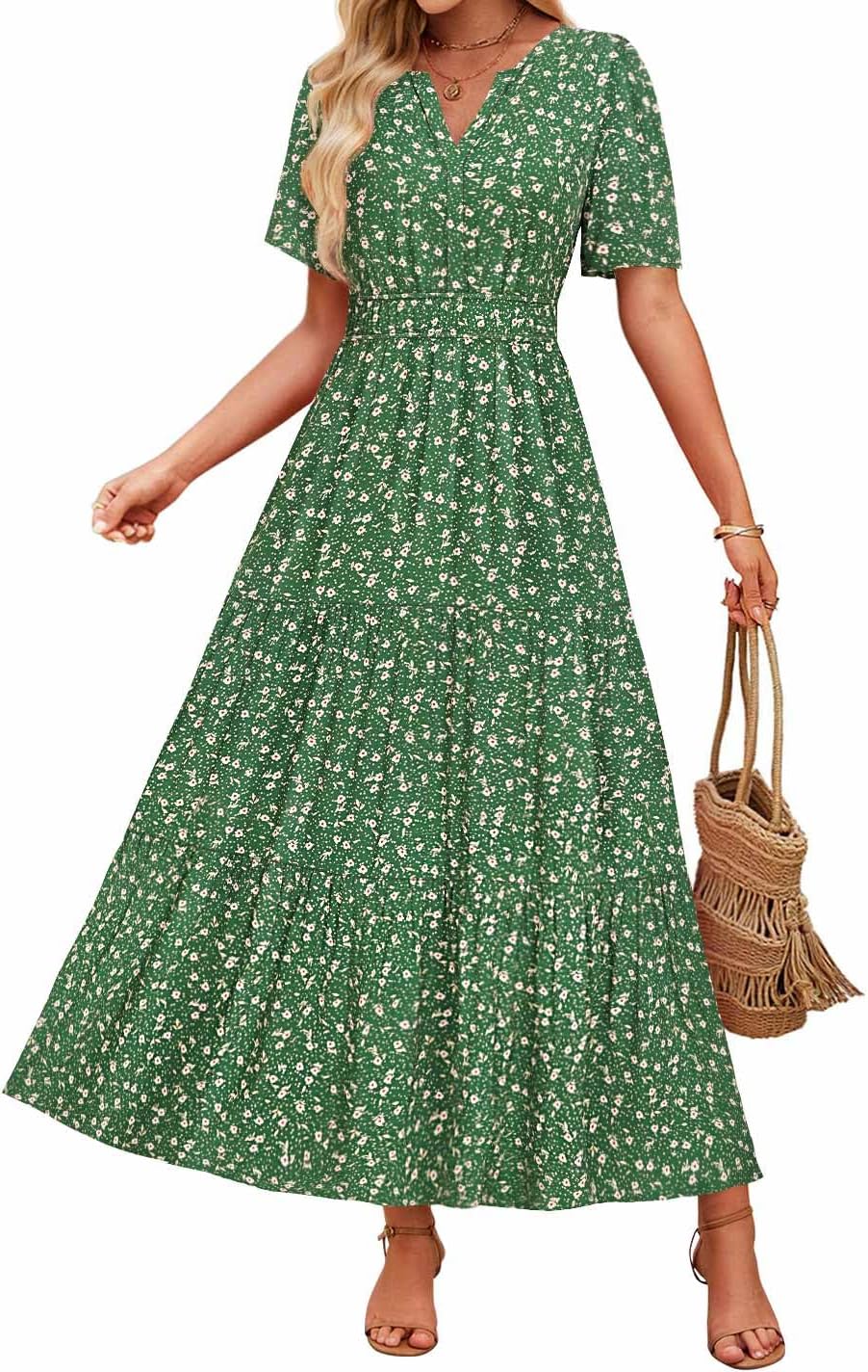 ZESICA Women's 2026 Summer Spring Floral Boho Maxi Dresses Casual Short Sleeve V Neck A Line Flowy Beach Vacation Dress