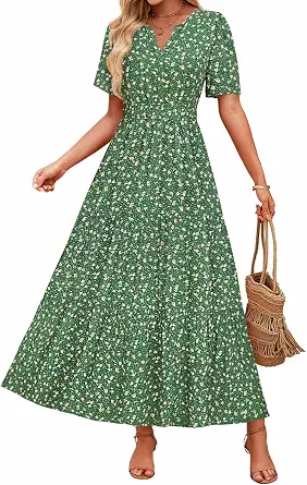 ZESICA Women's Summer Floral Boho Maxi Dress with V-Neck and Short Sleeves