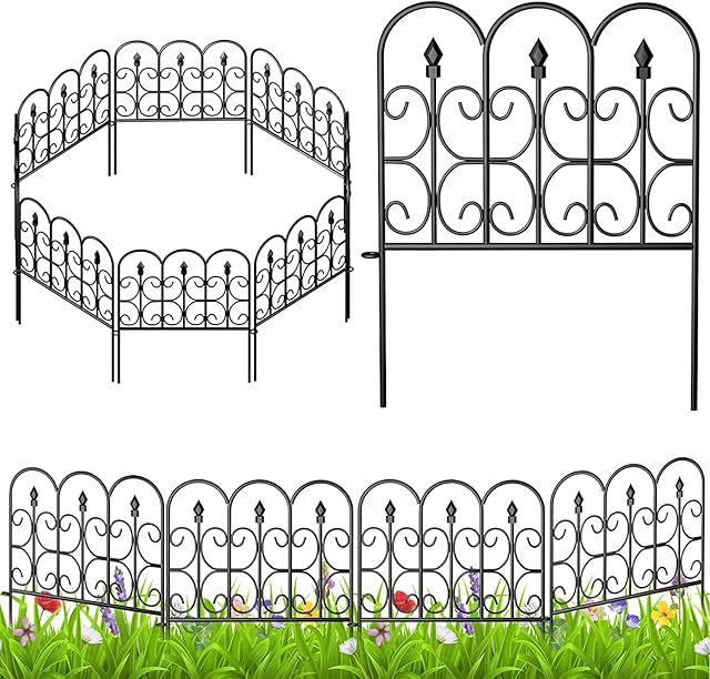 Amagabeli Decorative Garden Fence 32in x 10ft Outdoor Coated Metal Rustproof Landscape Wrought Iron Wire Border Folding Patio Fences Flower Bed Fencing Barrier Section Panels Decor Picket Black DA1142