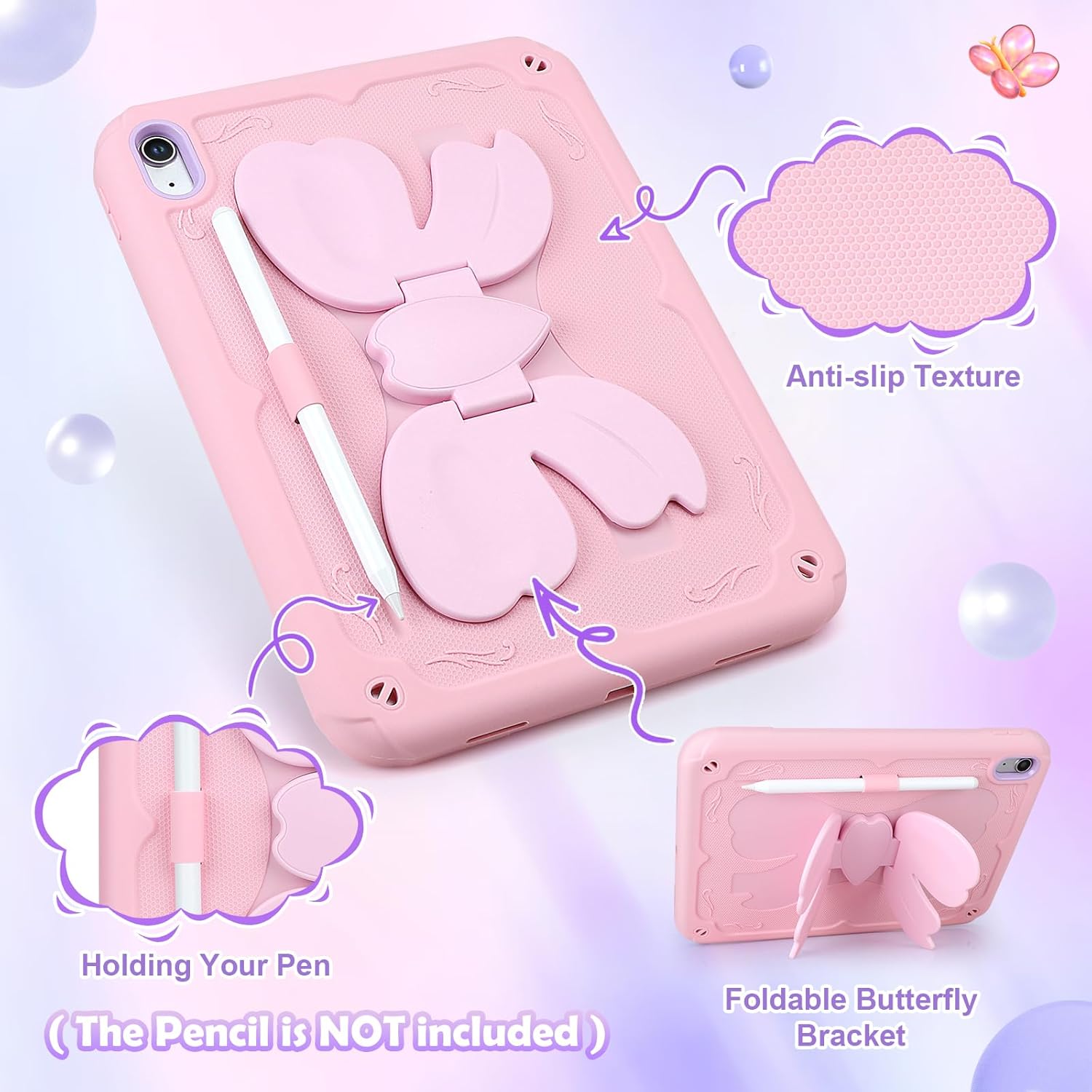 for iPad A16 Case 11th Generation 2025 for Kids Girls iPad 10th Generation Case 2022 with Pencil Holder Strap Pink Heavy Duty Protective iPad 11 inch 10.9 inch Cover with Butterfly Stand