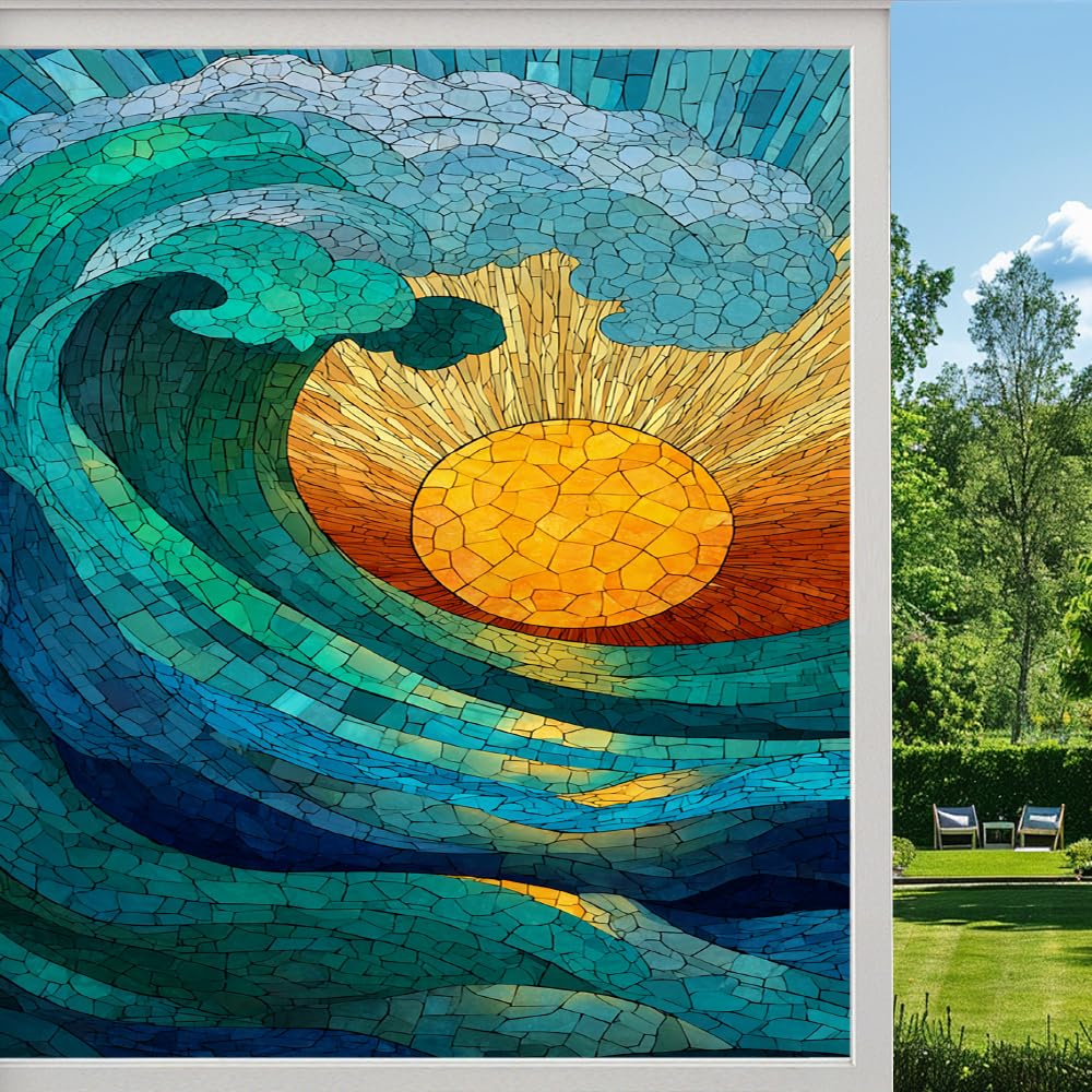Pmlbaous Modern Sea Waves Stained Glass Window Film, Sunrise Sunset Ocean Scenery Peel And Stick Privacy Film, Frosted Adhesive Vinyl Decorative For Bathroom Windows Glass Doors, （55X100cm）