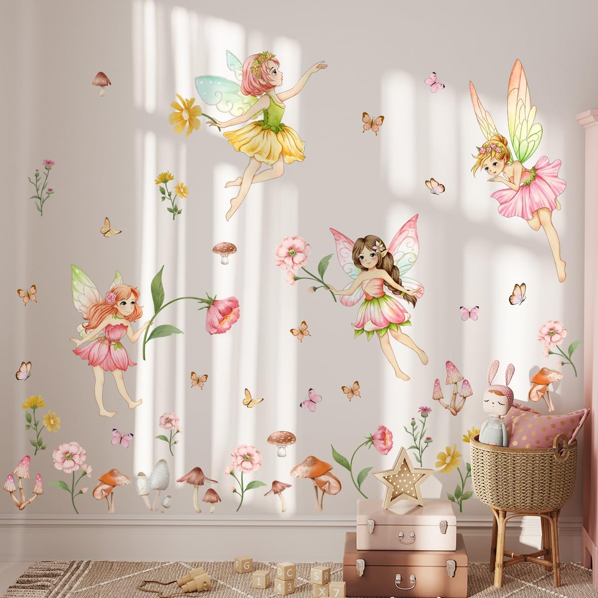 Flower Fairy Wall Decal, Woodland Mushroom Wall Decals, Butterfly Girl Wall Stickers，Removable Floral Wall Murals Peel and Stick Kids Wall Art Wallpaper Living Room Nursery Playroom.