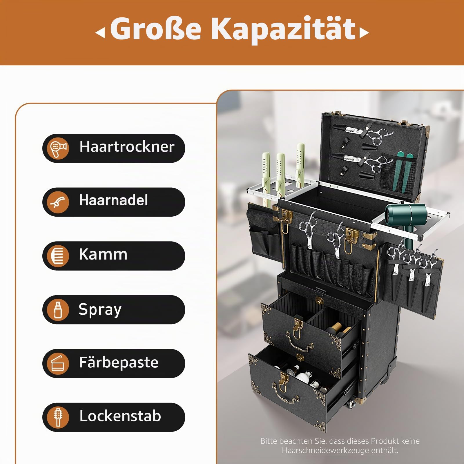 3-in-1 Kosmetikkoffer Trolley, Kosmetik Trolley mit Schublade Kosmetikkoffer Trolley Make up Koffer Schminkkoffer Friseurkoffer, Rollen 360° drehbar, Reisen, Friseure, Geschenkidee, Schwarz