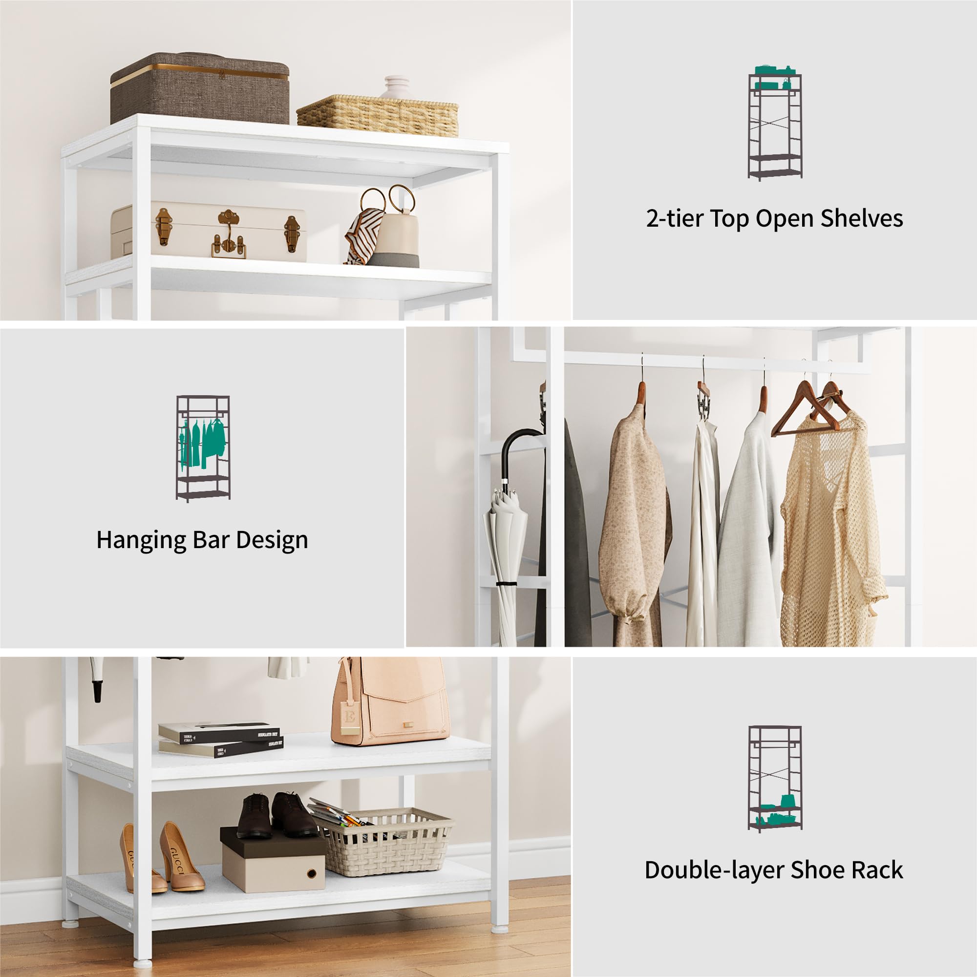 YITAHOME Appendiabiti con Portascarpe, Attaccapanni da Pavimento con 4 Ripiani, Porta Abiti Industriale, Scaffale per Abbigliamento, per Ingresso Corridoio Soggiorno, Bianco