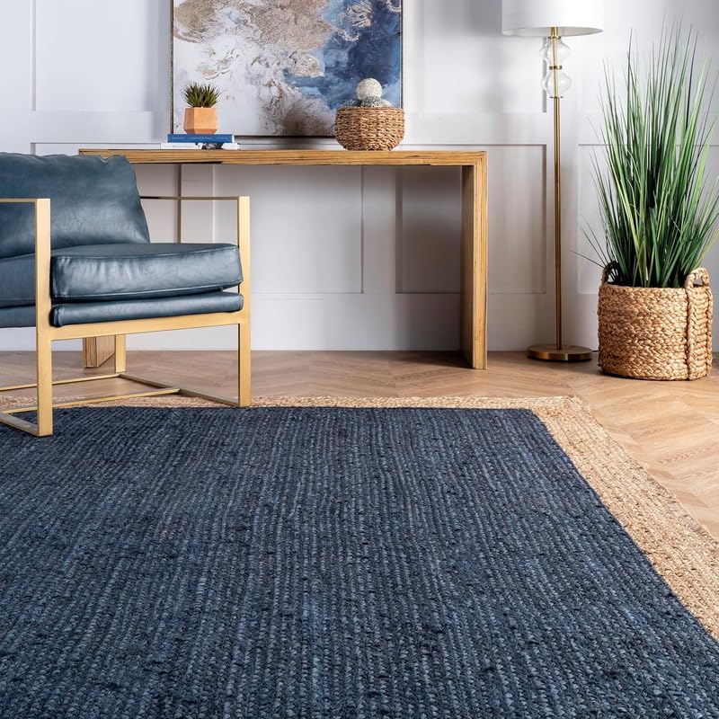 Tapis bohème chic en jute naturelle tressé à la main – Décoration rustique pour salon, salle à manger et chambre à coucher – Bleu marine – 2,1 x 3 m