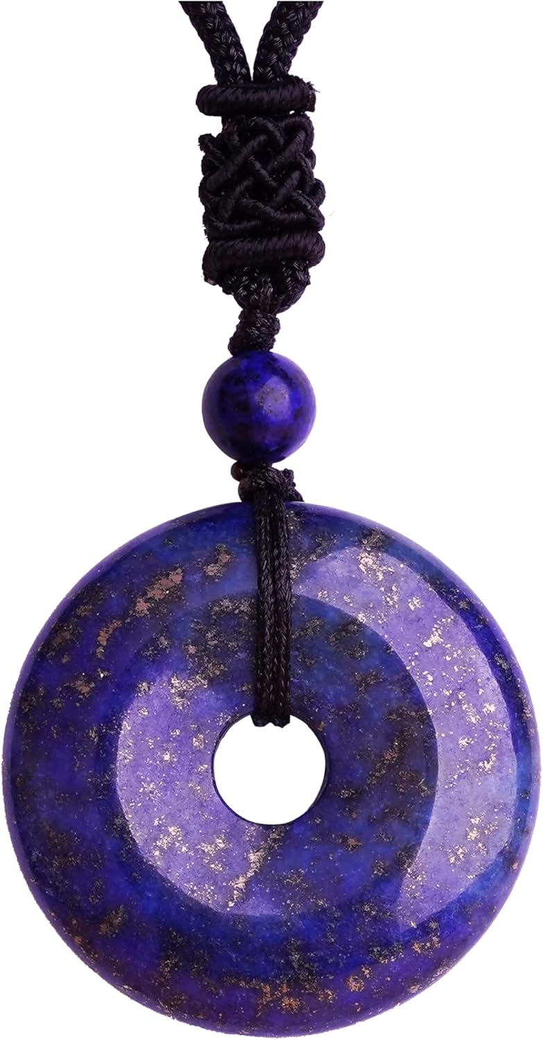 ASGIFT Lucky Coin Crystal Necklace 30mm Round Donut Natural Quartz Protection Pendant with Adjustable Rope Reiki Healing Crystal Stone Spiritual Necklaces for Men Women