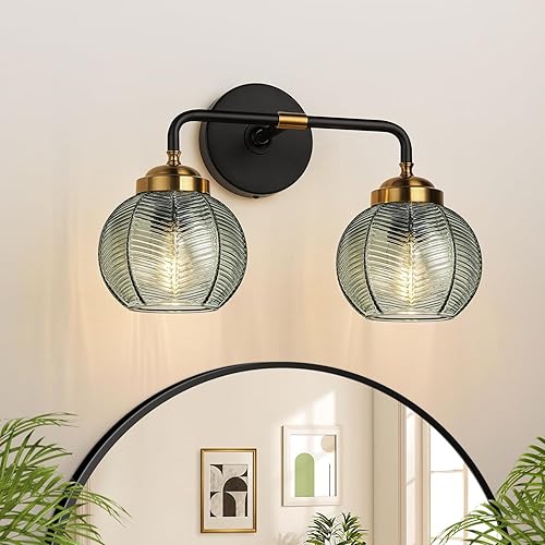 MOKATNG Lámparas de baño, 2 luces de tocador de color verde claro con pantalla de vidrio con textura de hoja única, moderna lámpara de pared de baño