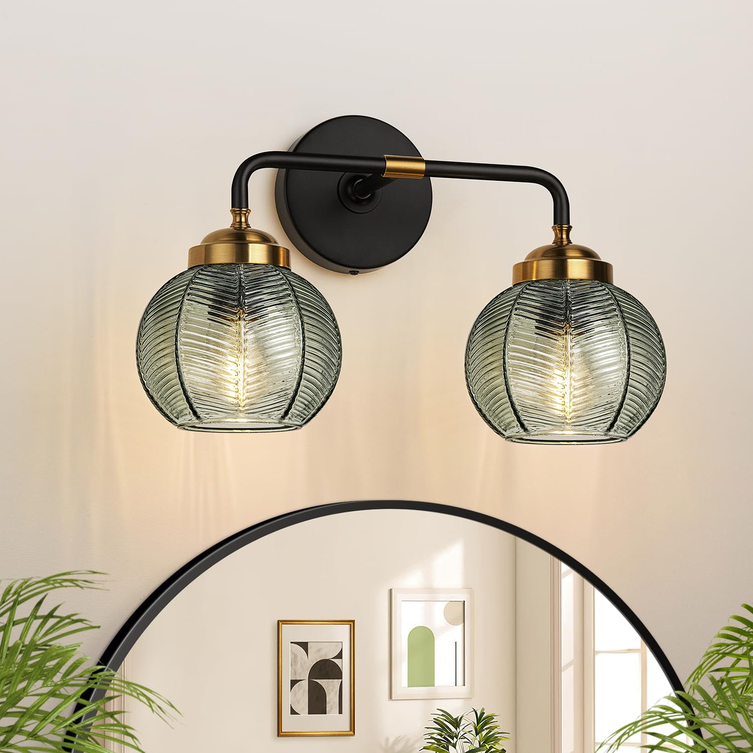Photo 1 of MOKATNG Bathroom Light Fixtures, 2-Light Green Vanity Lights with Unique Leaf Texture Glass Shade, Modern Matte Black and Gold Bathroom Wall Lamp for Mirror Hallway Cabinet Living Room