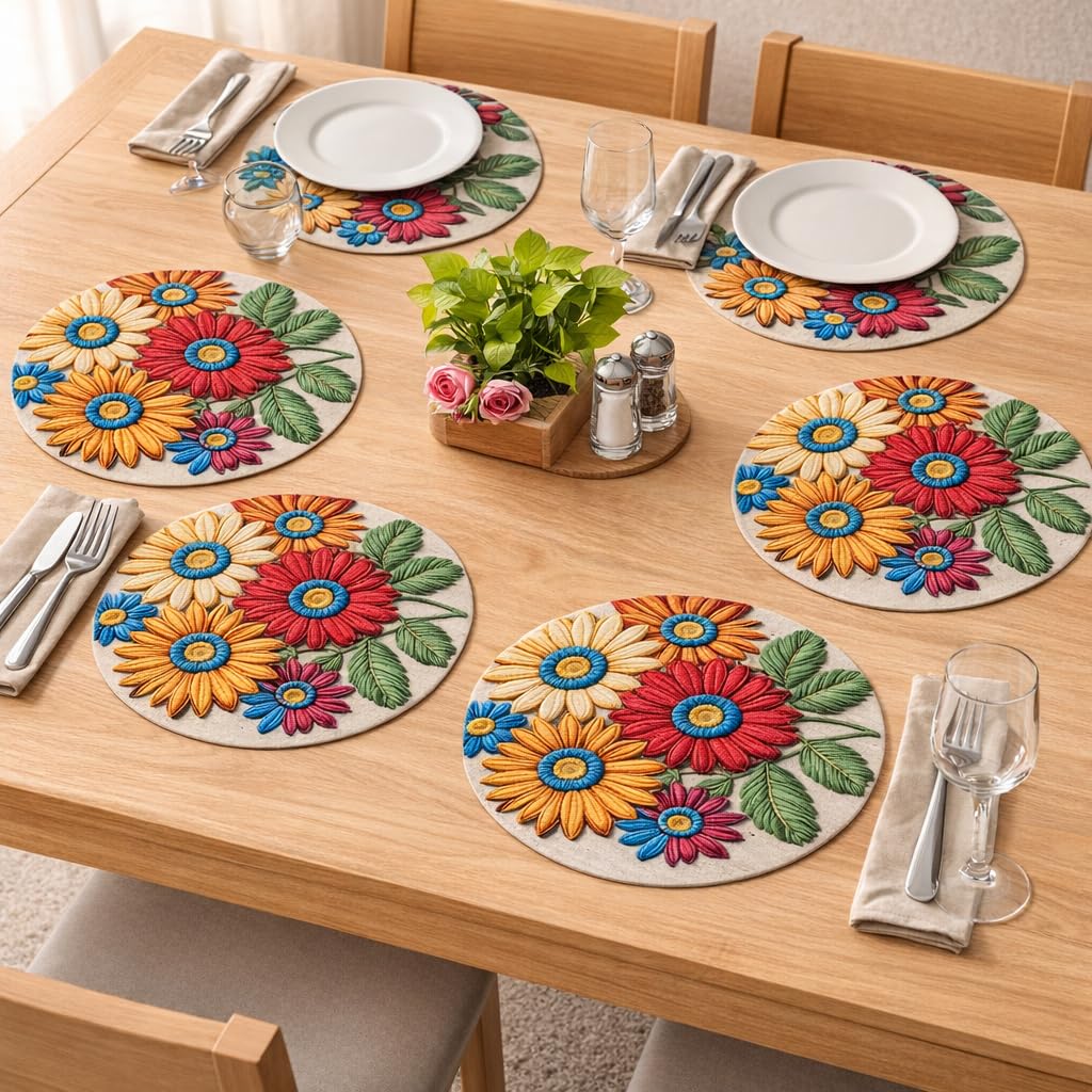 Jute Cotton Round Table Mats Set of 4 - Dining Table mat 4 Pieces Floral Printed Waterproof, Elegant and Durable for Dining Table (Set of 4)-picture-10