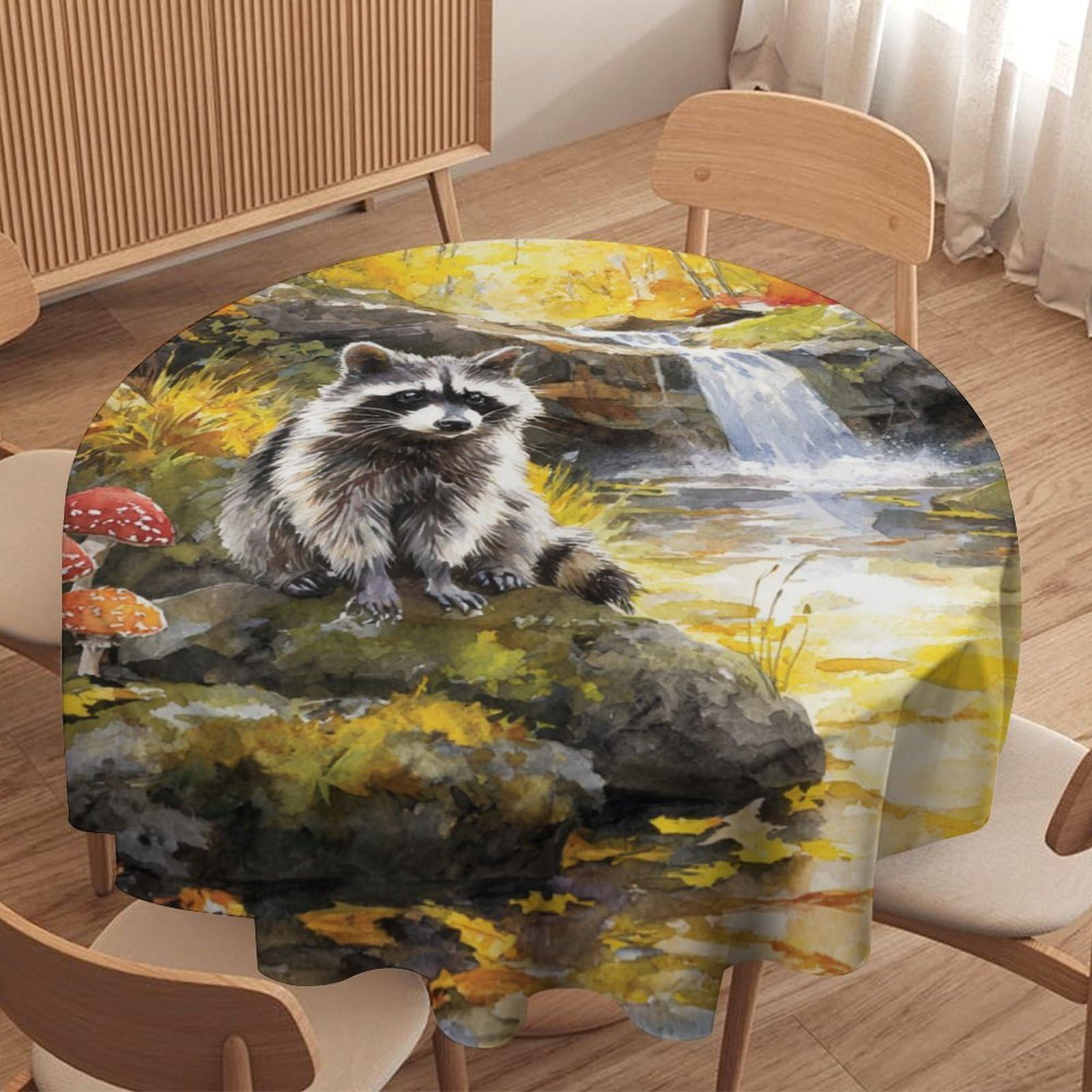 LUYYSKY Rustic Realistic Cute Raccoon Waterproof Round Tablecloth Rustic Oil Painting Fall Maple Leaves Mushroom Animal Raccoon Washable Table Cover for Kitchen-177.8" Wx177.8 L cm