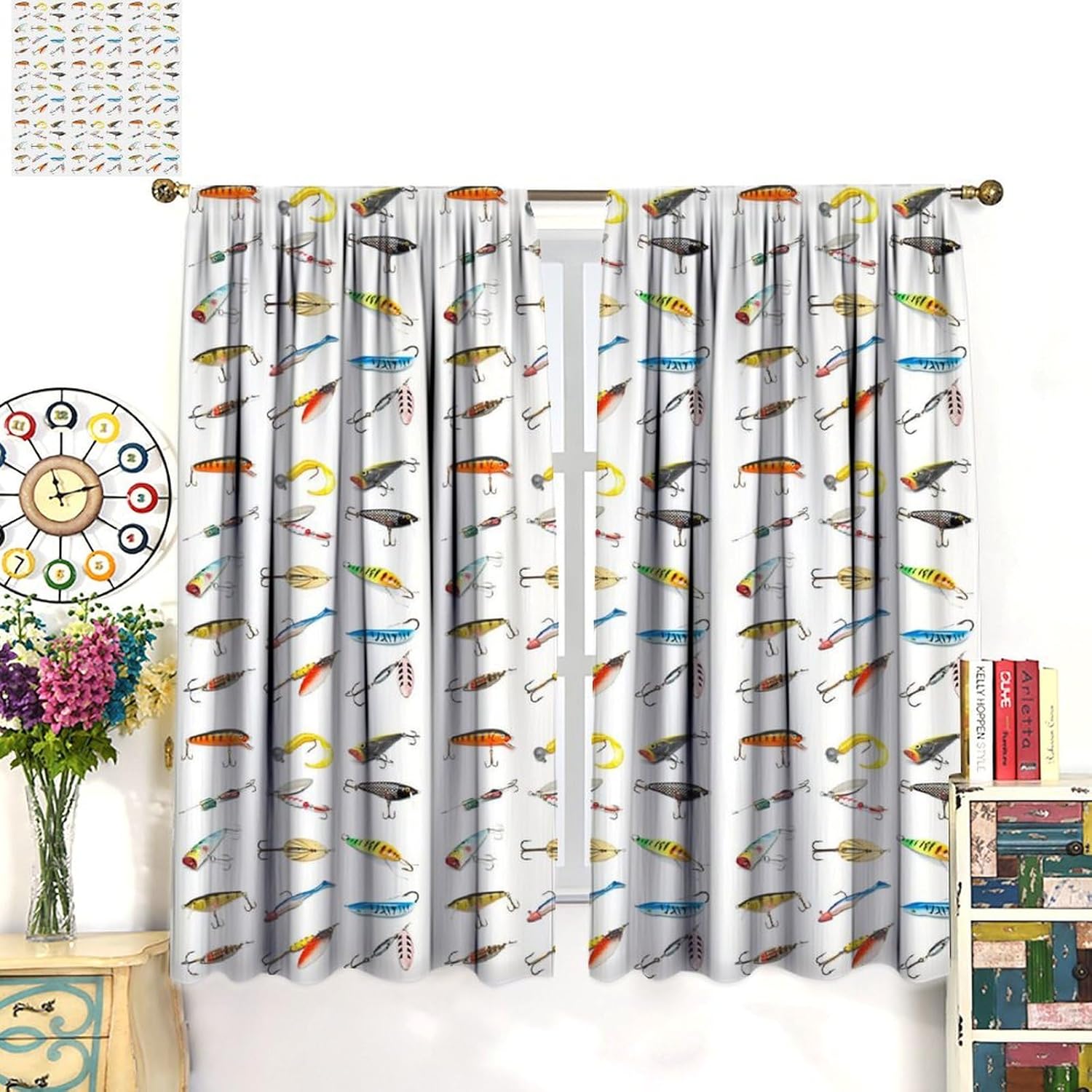 Colorful Fishing Curtains Rustic Farmhouse Camping Printed Rod Pocket Blackout Window Treatment for Living Room Bedroom Kitchen Cafe Decor W21xL63in 2 Panels