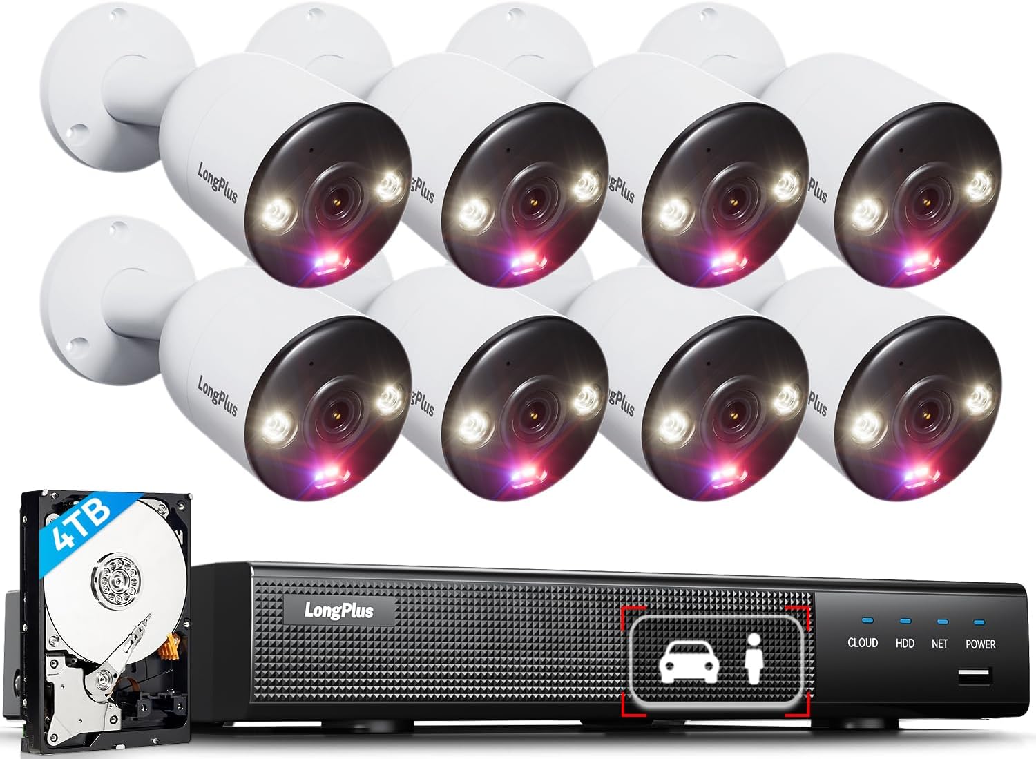 LongPlus 4K PoE Security Camera System, 12MP H.265+ 16CH NVR with 4TB HDD for 24-7 Recording, 8pcs Wired Home Security Camera System, Person Vehicle Detection, CCTV for Home Businesses, LP8MEF8B1